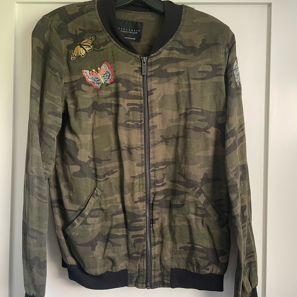 Sanctuary Camouflage bomber and embroidered butterflies and flowers